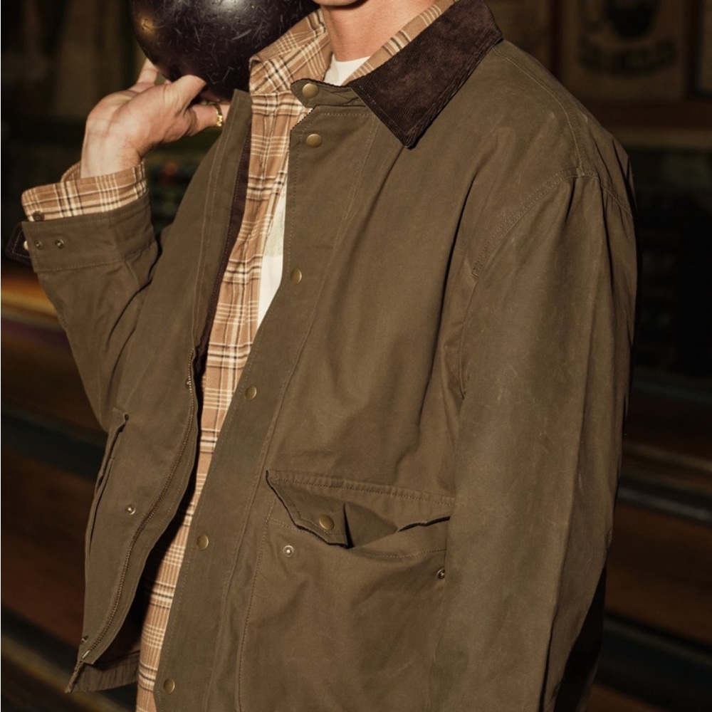 American Eagle Outfitters Olive Jacket with Dark Brown Collar
